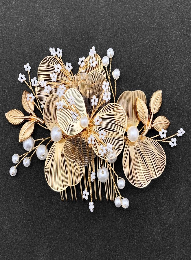 BETITETO Gold Flower Hair Accessories for Bride Wedding Pearl Metal Floral Hair Pieces with Combs for Women Girls - Image 4